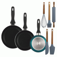 BERGNER - Set de 3 poêles Ø16/20/24 cm en aluminium pressé coloris bleu métallisé avec set de 5 ustensiles de cuisine en silicone et bois - PK9842