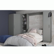 COMPOSITION ARMOIRE LIT ESCAMOTABLE SMART-V2 GRIS MAT COUCHAGE 140 X 200 CM  2 COLONNES RANGEMENTS + ANGLE