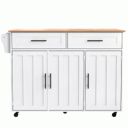 Merax Chariot de cuisine 129x46-71x91.5 cm, îlot mobile avec plan rabattable, 3 portes et 2 tiroirs, roulettes/pieds bois, blanc - blanc Bois manufac