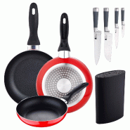 San Ignacio - Ensemble de 3 poêles Ø16/20/24 cm en aluminium embouti avec bloc et ensemble de 4 couteaux de cuisine - PK3382