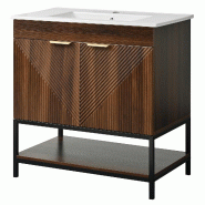 Merax Meuble sous-vasque 81 x 47 x 84 cm avec vasque en céramique, tiroir, compartiments ouverts et structure en métal, coloris noyer - marron multi