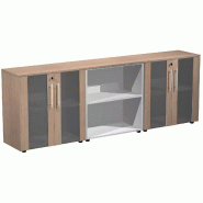 Armoire basse combiné 4 portes verre fumé à serrure - 3 étagères - L. 243 x P. 43 x H. 81 cm So Flora - Frêne Noir_0