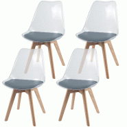 COSTWAY Lot 4 chaises salle à manger, transparentes, pieds bois massif, scandinaves rembourrées, charge 150kg, cuisine, lavabo, bureau (Gris) - gris