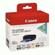Lot de 6 cartouches d'encre Canon PGI 550 / CLI 551 - 2 noirs, cyan, magenta, jaune et gris Lot de 6 cartouches d'encre Canon PGI 550 / CLI 551 - 2 noirs, cyan, magenta, jaune et gris