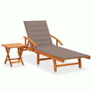 Helloshop26 - Transat chaise longue bain de soleil lit de jardin terrasse meuble d'extérieur avec table et coussin bois d'acacia 02_0012628 - marron