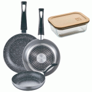 BERGNER - Set 3 Poêles Ø16/20/24cm aluminium Embouti adapté Induction Black Soul Marble avec Boîte Hermétique de 650ml Verre Borosilicate NATURAL