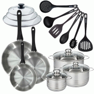 Batterie de cuisine 3 poêles 20/24/28 cm et couvercles, 3 faitouts 16/20/24 cm et 6 ustensiles Fackelmann Geneva - gris inox 3176239935660_0