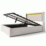 Merax Lit rembourré , lit double hydraulique 140x200cm avec fonction de recharge et éclairage LED - beige multi-matériau AB20294142B