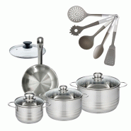 Batterie de cuisine avec 3 faitouts 16/20/24 cm et 1 poêle 20 cm avec 6 ustensiles de cuisine Fackelmann Etherna Brillant Vario avec couvercles - gri