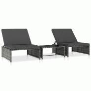 Helloshop26 - Lot de 2 transats chaise longue bain de soleil lit de jardin terrasse meuble d'extérieur avec table résine tressée 02_0012127 - verre