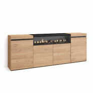 SKRAUT HOME Buffet salon et cuisine, 200x75x35cm, 4 Portes, Cheminée électrique, Chêne et noir - beige Bois manufacturé 63_11