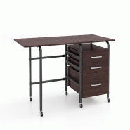 COSTWAY Bureau Pliable, 3 Tiroirs et Roues, Cadre Métallique, Gain de Place pour Petits Espaces, 105x50x75 cm, Marron - marron Bois manufacturé ON33
