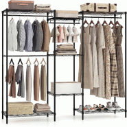 COSTWAY Penderie, 7 étagères métalliques & 4 tringles, organisateur vêtements 2 en 1 d'angle, 188x46x198 cm, noir - noir métal VH34103PW