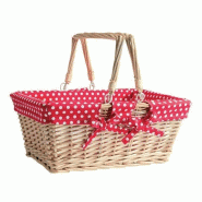 Panier naturel à anses amovibles - Tissu rouge à pois blanc - 34x26x28cm - Osier beige