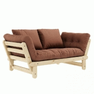 BANQUETTE MÉRIDIENNE FUTON BEAT PIN NATUREL TISSU COLORIS BRUN ARGILE COUCHAGE 75*200 CM.