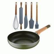 San Ignacio - Poêle Ø26x6cm en aluminium pressé compatible induction avec 5 ustensiles en silicone et bois d'acacia - Green Earth - PK10174