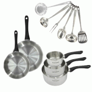 Set 2 poêles 20 et 24 cm, 3 casseroles en inox et 6 ustensiles inox Fackelmann Geneva - gris inox 3176239944648