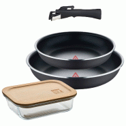 BERGNER - Jeu de 2 Poêles Ø22/26cm en Aluminium Pressé Noir avec Poignée Amovible et Boîte Hermétique 650ml en Verre Borosilicate - PK9624