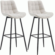 Décoshop26 - Lot de 2 tabourets de bar coutures décoratives carrées avec repose-pieds en tissu crème quatre pieds en métal 10_0006562 - 3000265640048_0