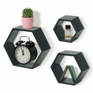 IvoQ Étagères murales hexagonales – Noir – Lot de 3 – Étagères murales flottantes – Bois de pin – Design scandinave moderne - 8721335300154