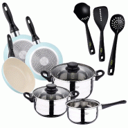 San Ignacio - Batterie de Cuisine Toledo 5 pièces en Acier Inoxydable avec 3 Poêles Ø16/20/24 cm et Set de 3 Ustensiles de Cuisine - PK11116