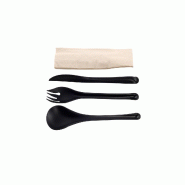 Betik EKO – 500 unités – Kit couvert réutilisable noir design 4 en 1 – couteau + fourchette + cuillère + serviette kraft - noir plastique 1010728