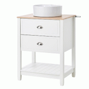 Merax Lavabo avec Meuble Bas 60 cm, Meuble de Salle de Bain, Vasque Ronde en céramique, 2 tiroirs, Espace de Rangement, Blanc/Bois - blanc multi-mat�