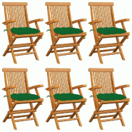 VidaXL Chaises De Jardin Avec Coussins Vert Lot De 6 Bois Teck Massif - vert 3062561