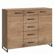 COMMODE BUFFET 5 TIROIRS 2 PORTES STYLE INDUSTRIEL PORTLAND CHÊNE POUTRE MÉTAL L:139