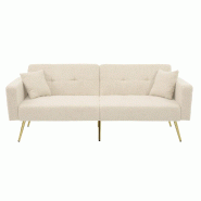 Merax Canapé-lit avec fonction lit, canapé 2 places, dossier réglable, pieds dorés, 2 coussins et poches latérales, tissu teddy, beige - beige WF