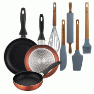 BERGNER - Set de 3 Poêles Ø16/20/24cm en Aluminium Pressé Cuivre métallisé avec Set de 5 Ustensiles de Cuisine en Silicone et Bois - PK9902