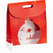 Sac luxe rouge décor boule blanche et traineau avec fenêtre 32+12X38cm - par 12