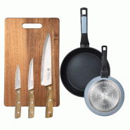 San Ignacio Noia - Jeu de 2 poêles Ø20/Ø26cm en aluminium pressé couleur bleue avec 3 couteaux en acier inoxydable et planche à découper 40x25cm San Ignacio Noia - Jeu de 2 poêles Ø20/Ø26cm en aluminium pressé couleur bleue avec 3 couteaux en acier inoxydable et planche à découper 40x25cm