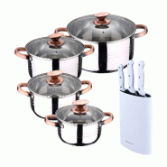 BERGNER - Batterie de cuisine NONA 8pcs 16/18/20/24cm compatible induction avec jeu de 3 couteaux avec bloc à couteaux en acier inoxydable - multi-ma