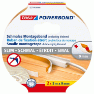 Tesa Powerbond ruban de montage étroit, 2 pièces - ruban de montage extra étroit en mousse, adhésif double face - beige, 5 m x 9 mm - 2 rouleaux -