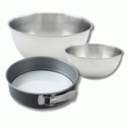 Set à pâtisserie avec 1 moule à manqué à charnière 26 cm fond en verre, 1 spatule Zenker et 2 bols à mixer en inox Fackelmann - gris métal 317