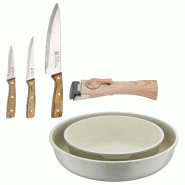 BERGNER - Ensemble de 2 poêles Ø22/26 cm en aluminium moulé blanc avec poignée amovible et ensemble de 3 couteaux en acier inoxydable - PK9763