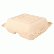 Boîte bagasse naturelle 3 comp à couvercle attenant 20x20x7,5cm - par 200