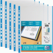Oxford Sachet de 10 pochettes perforées, A4, en PP lisse 9/100e, bord coloré bleu - 100206873