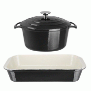 Ensemble 1 cocotte et 1 plat à rôtir en fonte noire, COOK LIKE A PRO