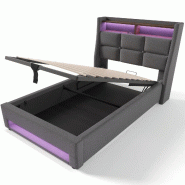 Merax Lit capitonné , housse en coton et lin, lit coffre avec port USB + LED 90x200cm, gris - gris multi-matériau AB20122324G