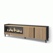 SKRAUT HOME Meuble TV, Banc Télé, Grand espace de Rangement, 212x35x61cm, Pour les TV jusqu'à 80", Cheminée électrique XXL, Style moderne, Chêne