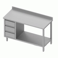 Table inox de travail adossée avec trois tiroirs à gauche avec étag... - P930387130