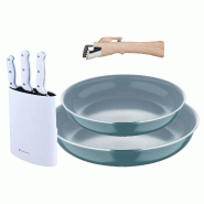 BERGNER - Jeu de 2 Poêles Ø24/28 cm en Aluminium Pressé Recyclé Vert avec Manche Amovible avec Jeu de 3 Couteaux avec Bloc en Acier Inoxydable - P