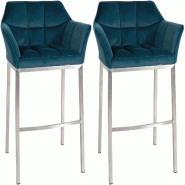 CLP Lot de 2 tabourets de bar Damaso en velours avec piètement à quatre pieds Vert/Acier inoxydable - vert textile 323869