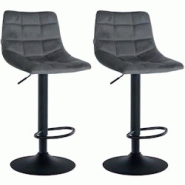 Décoshop26 - Lot de 2 tabourets de bar en velours gris foncé base métal noir réglable en hauteur et repose-pieds TDB10626 - gris 3002468732698