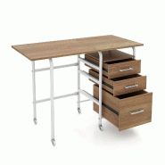 COSTWAY Bureau Pliable, 3 Tiroirs et Roues, Cadre Métallique, Gain de Place pour Petits Espaces, 105x50x75 cm, Naturel - marron Bois manufacturé ON3