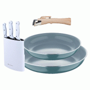 BERGNER - Ensemble 2 poêles Ø22/26cm aluminium embouti vert Adaptées induction avec poignée amovible et ensemble 3 couteaux avec bloc Acier inoxyd