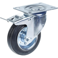 Roulette pivotante/frein de 100 mm en caoutchouc noir sur roue centrale en acier embouti Roulette pivotante/frein de 100 mm en caoutchouc noir sur roue centrale en acier embouti