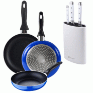 BERGNER - Set 3 poêles Ø16/20/24cm aluminium embouti Adaptées induction Blue Navy Paradise avec jeu 3 couteaux Acier inoxydable avec bloc à coutea